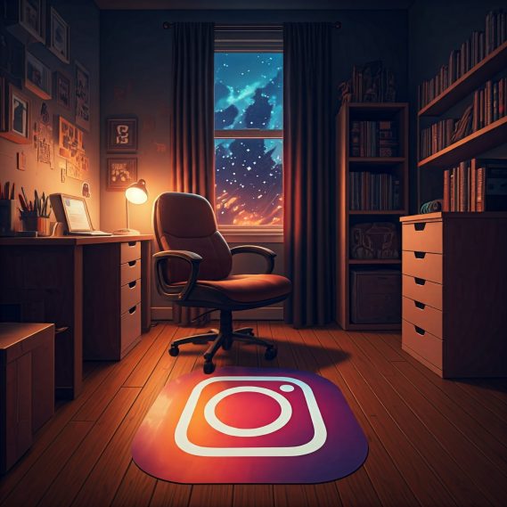 Un estudio acogedor con una ventana al atardecer y el logo de Instagram en la alfombra.