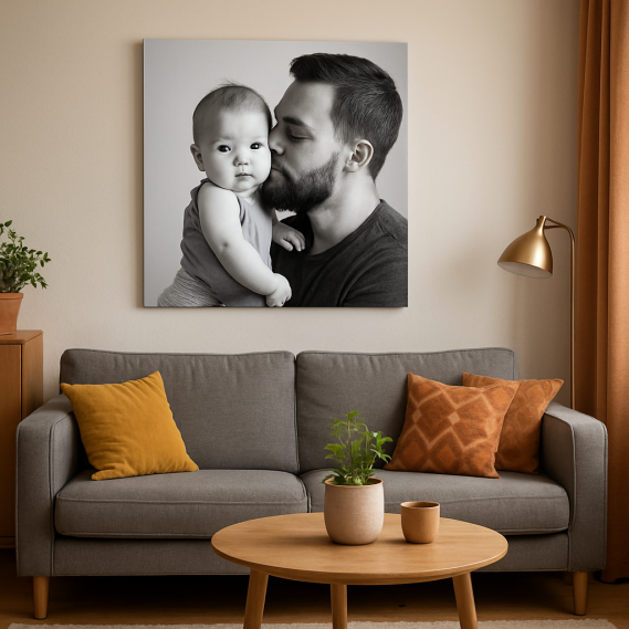 Padre besando a un bebé en un ambiente acogedor con un sofá y una mesa.