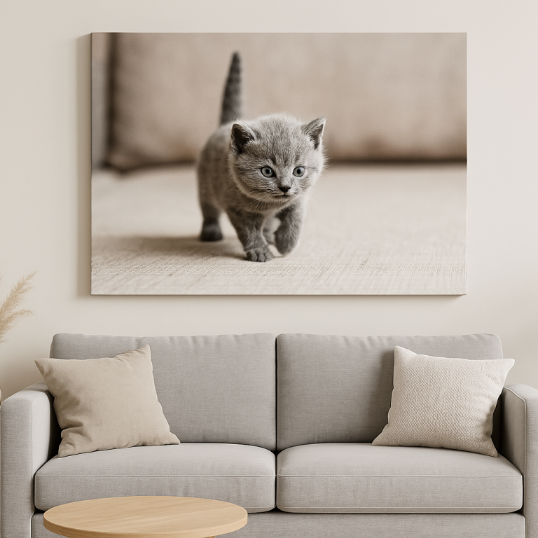 Gato atigrado jugando en el suelo con un juguete, en un ambiente iluminado.