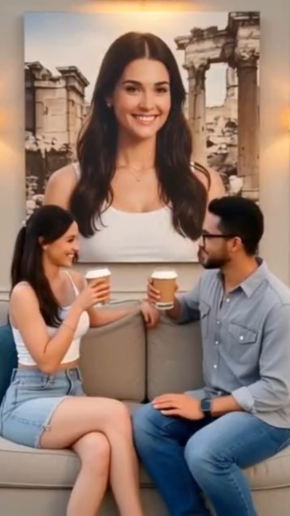 Pareja sentada en un sofá, brindando con tazas frente a un gran retrato de mujer.