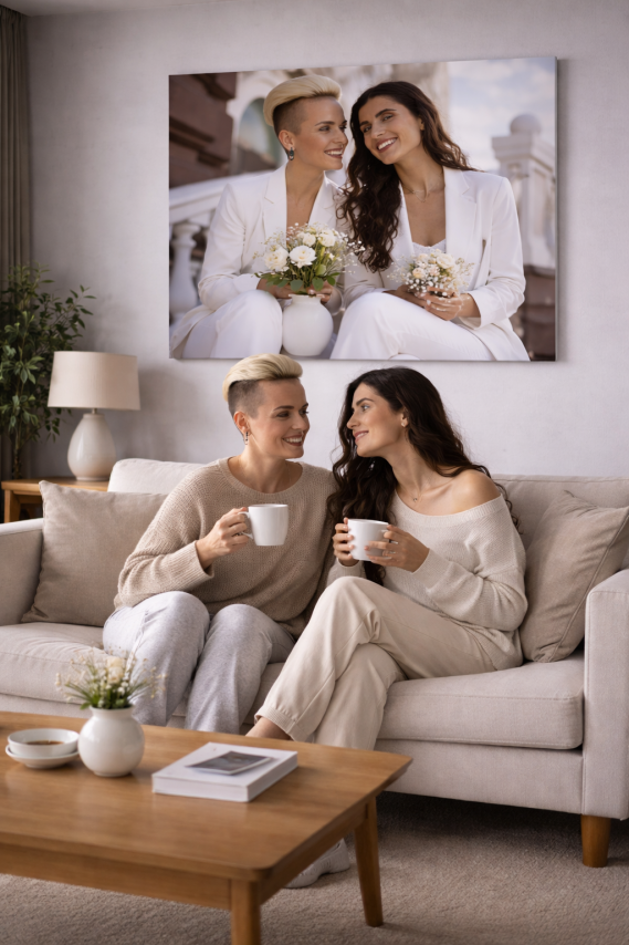 Pareja sonriente sentada en un sofá, sosteniendo tazas de café, con una pintura en el fondo.