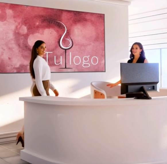 Recepción moderna con dos mujeres de pie y un logotipo en la pared.