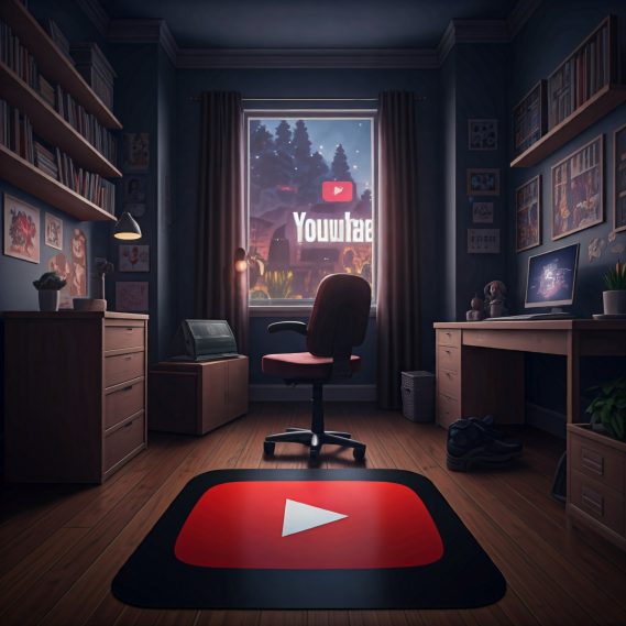 Habitación acogedora con un escritorio y una alfombra con el logo de YouTube.