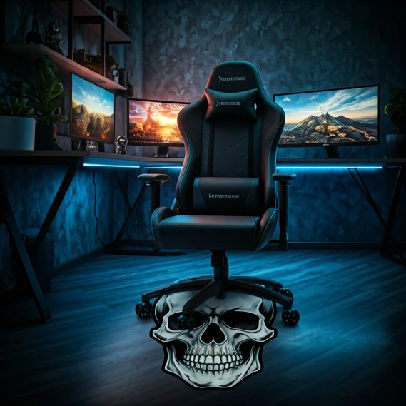 Silla de oficina negra con un dibujo de calavera en la alfombra, fondo oscuro y pantallas.